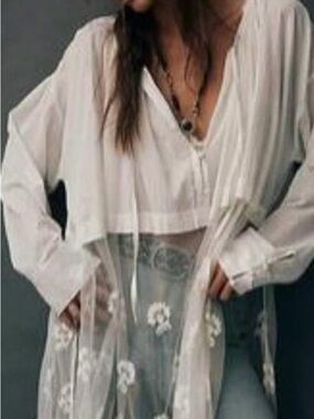 SHEIN White Sheer Long Sleeve Embroidered Duster Top